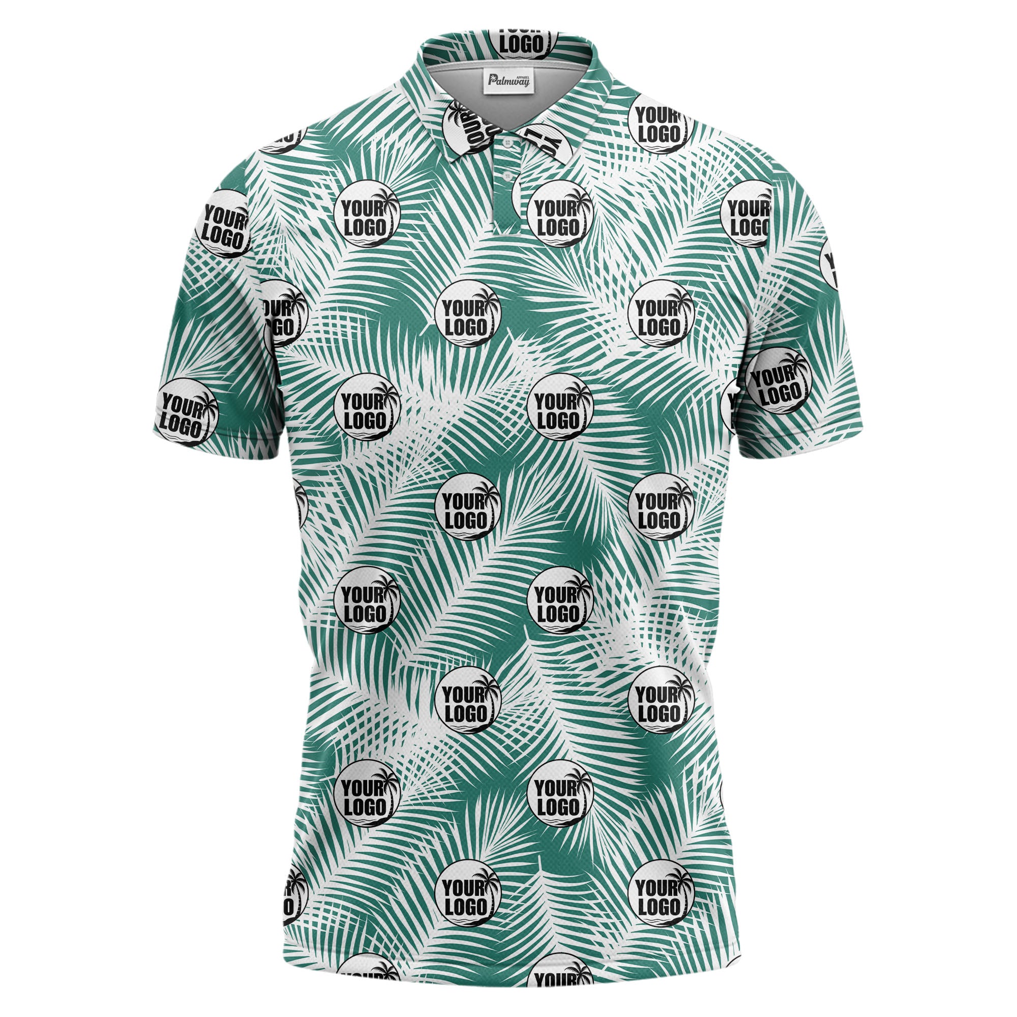 illustrated palm leaf logo repeating tropical polo shirt for men