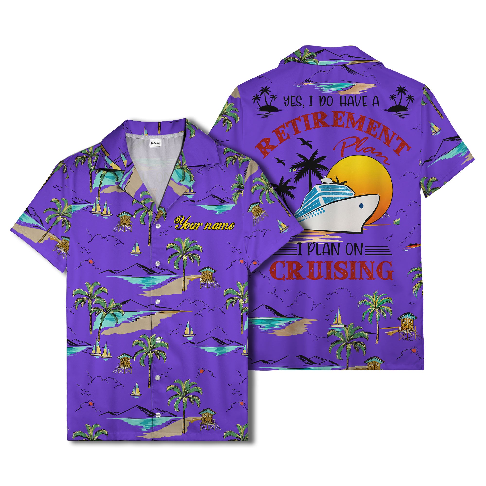 island paradise palm trees & sailboats sunset hawaiian shirt