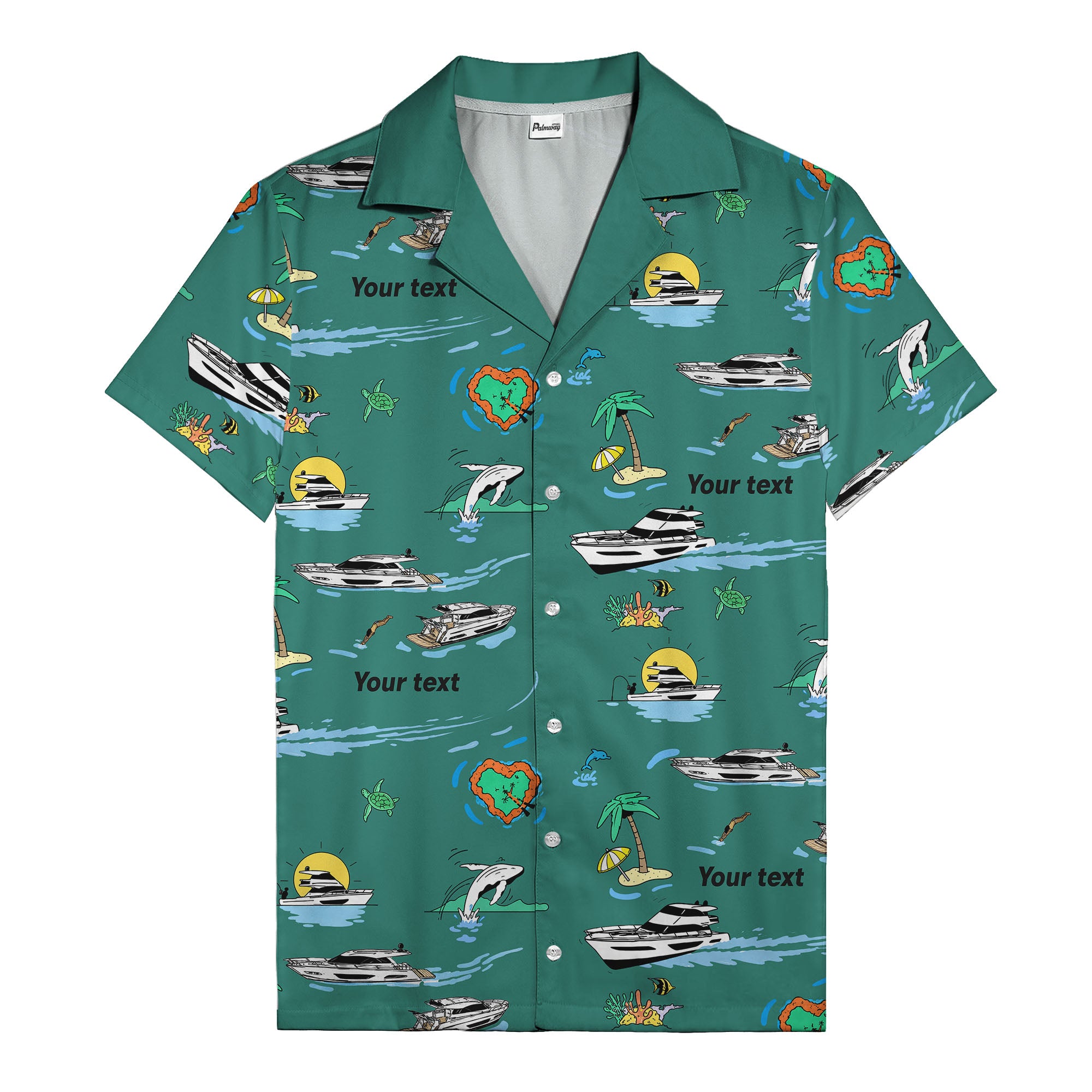 luxury yacht & heart-shaped island cartoon hawaiian shirt
