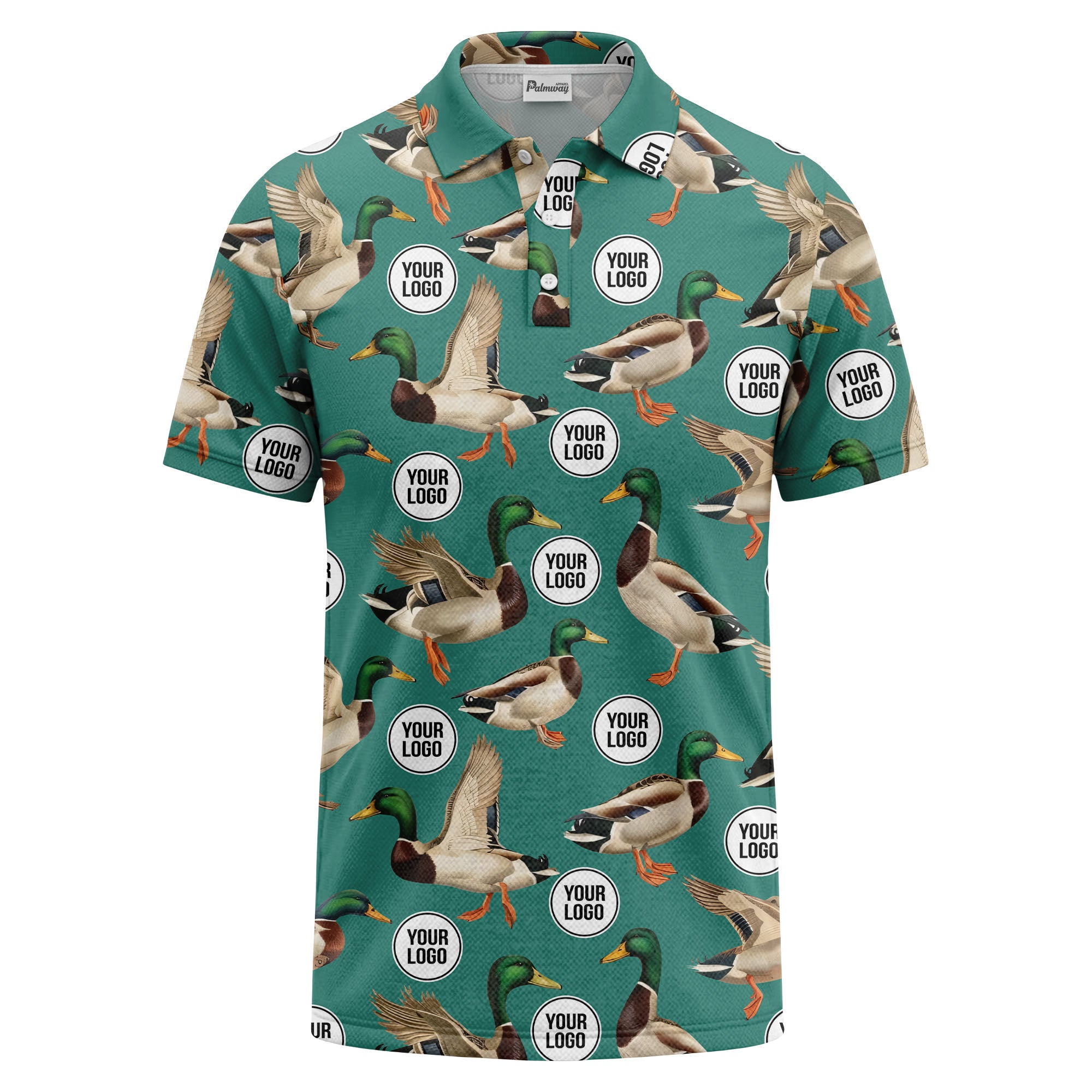 mallard duck flock & custom logo repeat photorealistic polo shirt