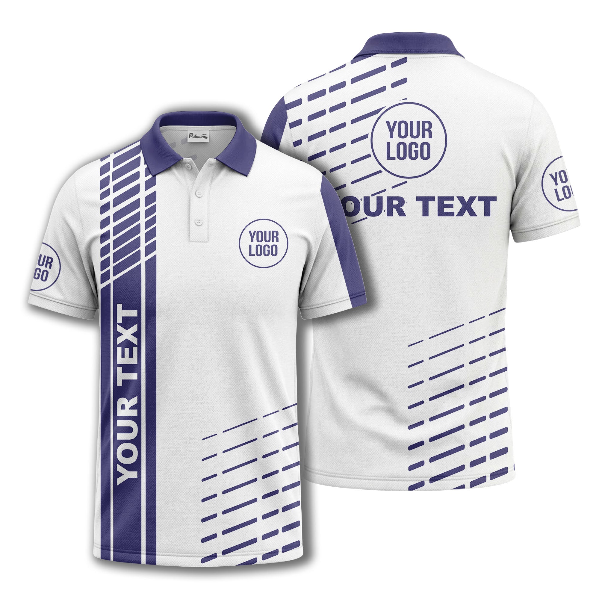 modern vertical stripe & dashed line graphic custom text logo polo shirt