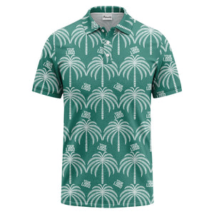 monochrome palm tree logo repeat hawaiian graphic polo shirt