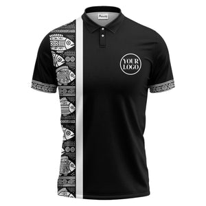 monochrome tribal fish & geometric borders patterned polo shirt for men