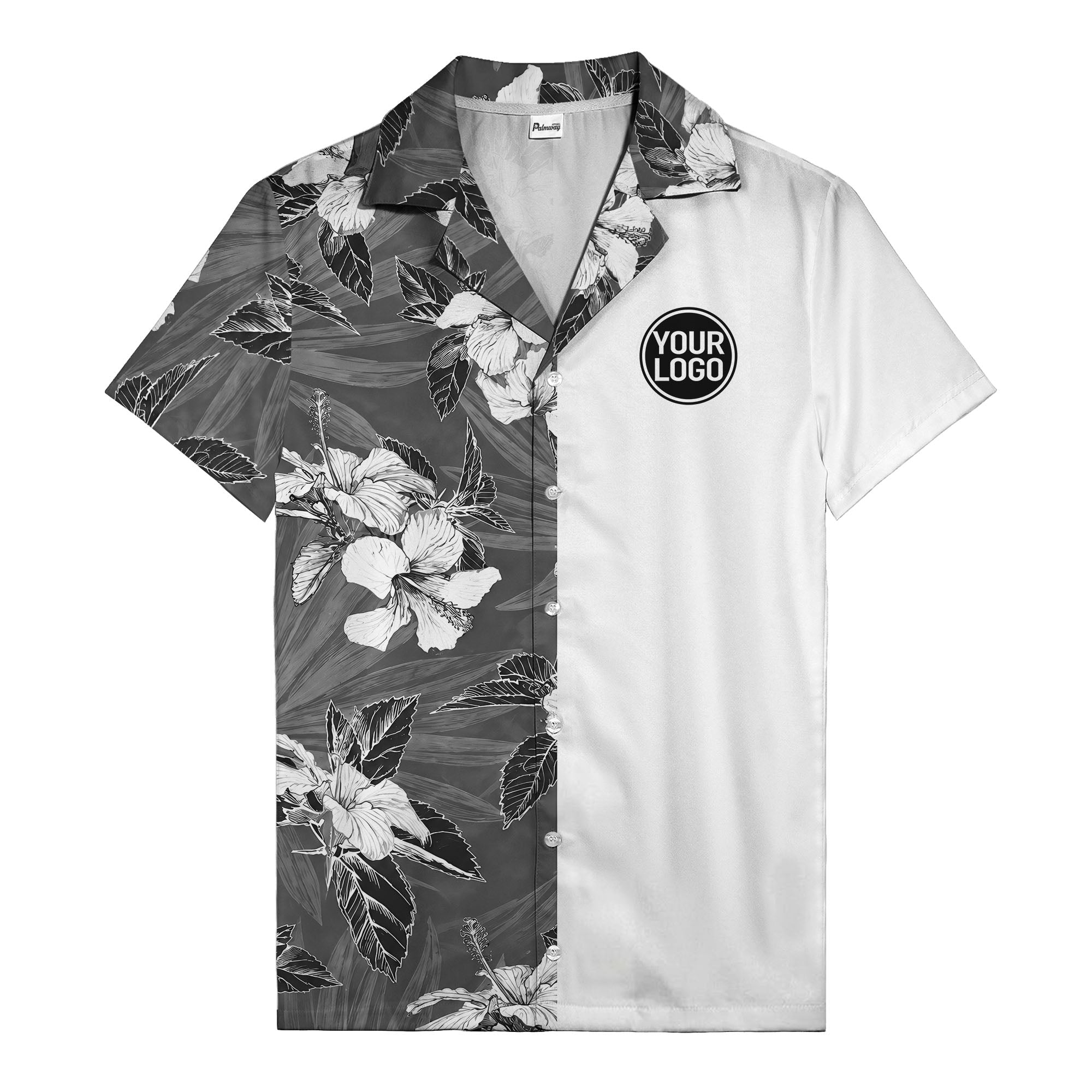 monochrome watercolor hibiscus and leaf repeat hawaiian shirt