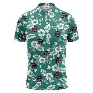 navy blue watercolor hibiscus & custom logo repeat pattern polo shirt