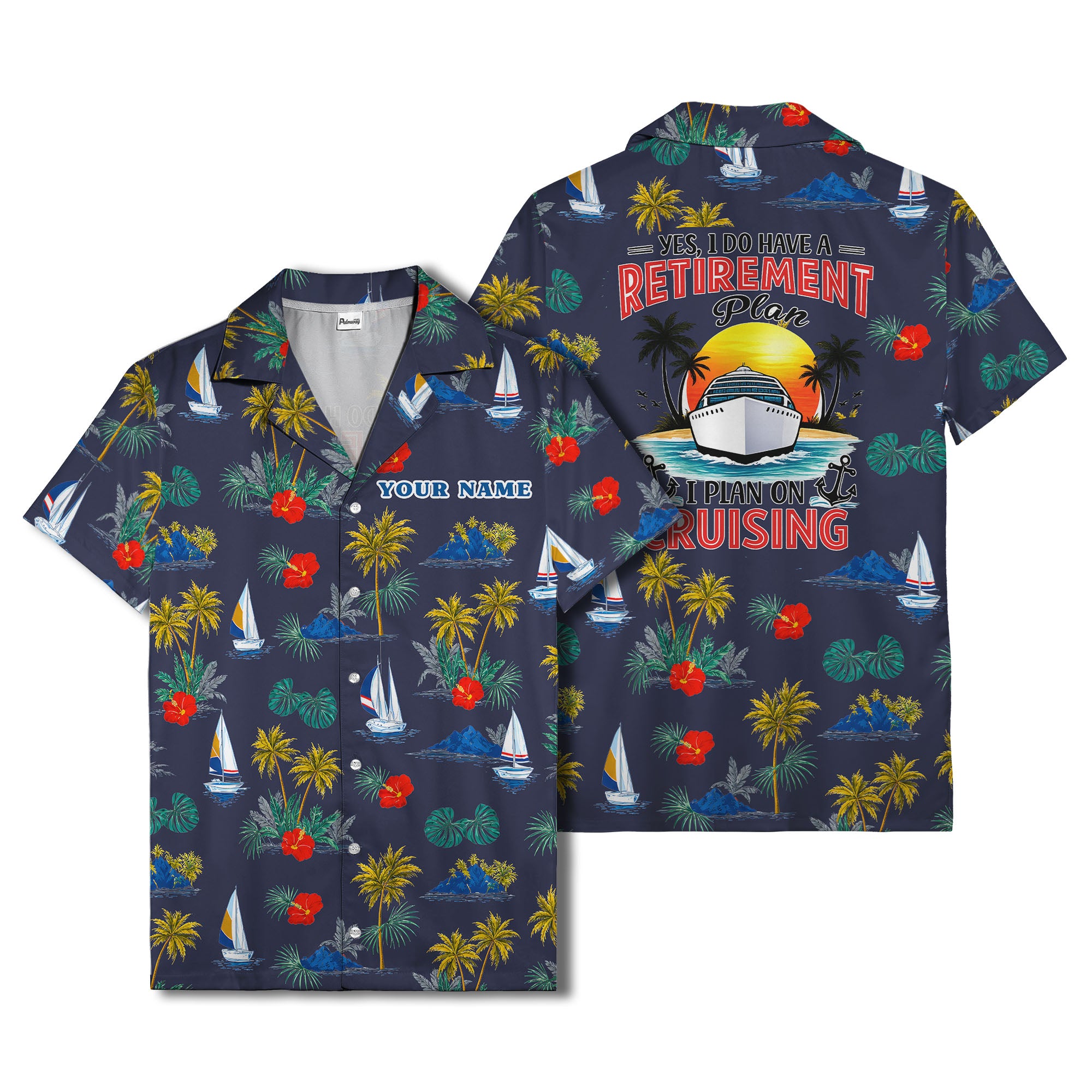 palm trees sailboats hibiscus island paradise hawaiian shirt