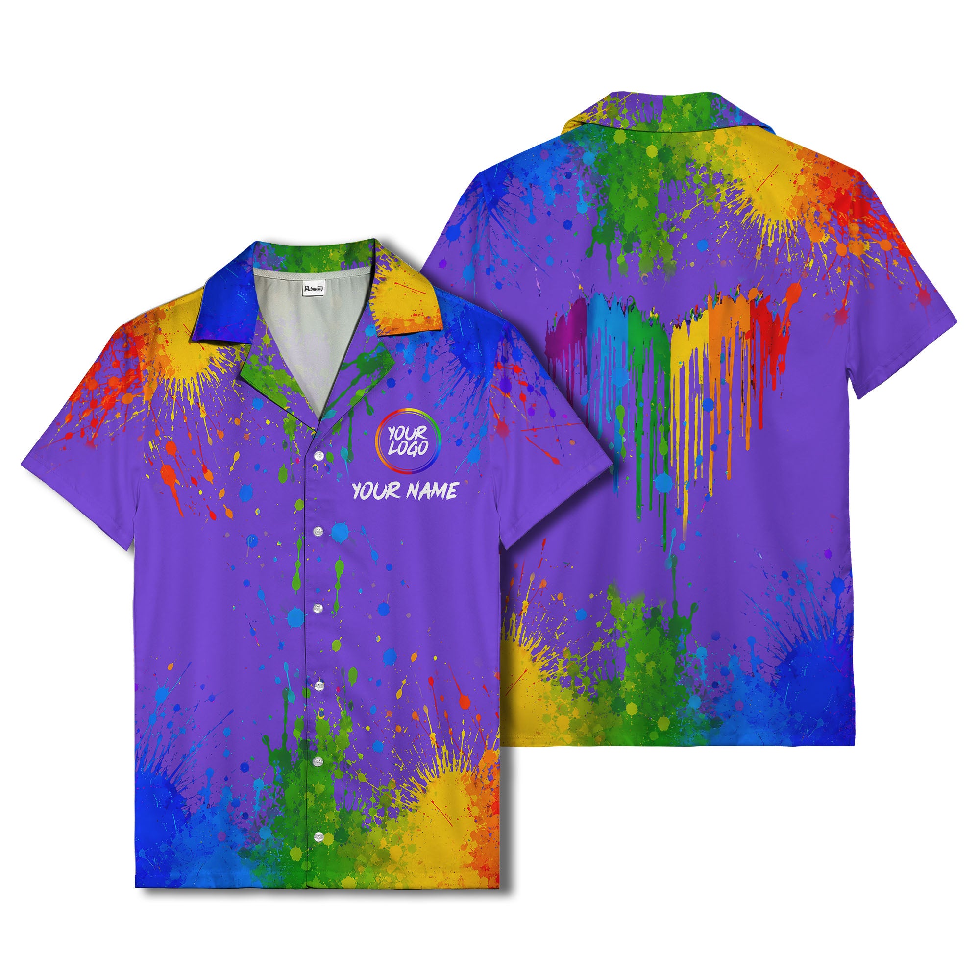 rainbow paint splatter abstract art hawaiian shirt with customizable name