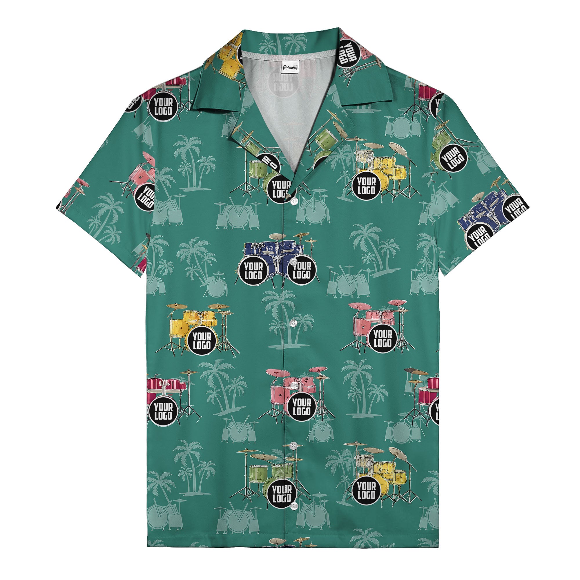rockin' drum kits & palm trees repeat hawaiian shirt for musicians