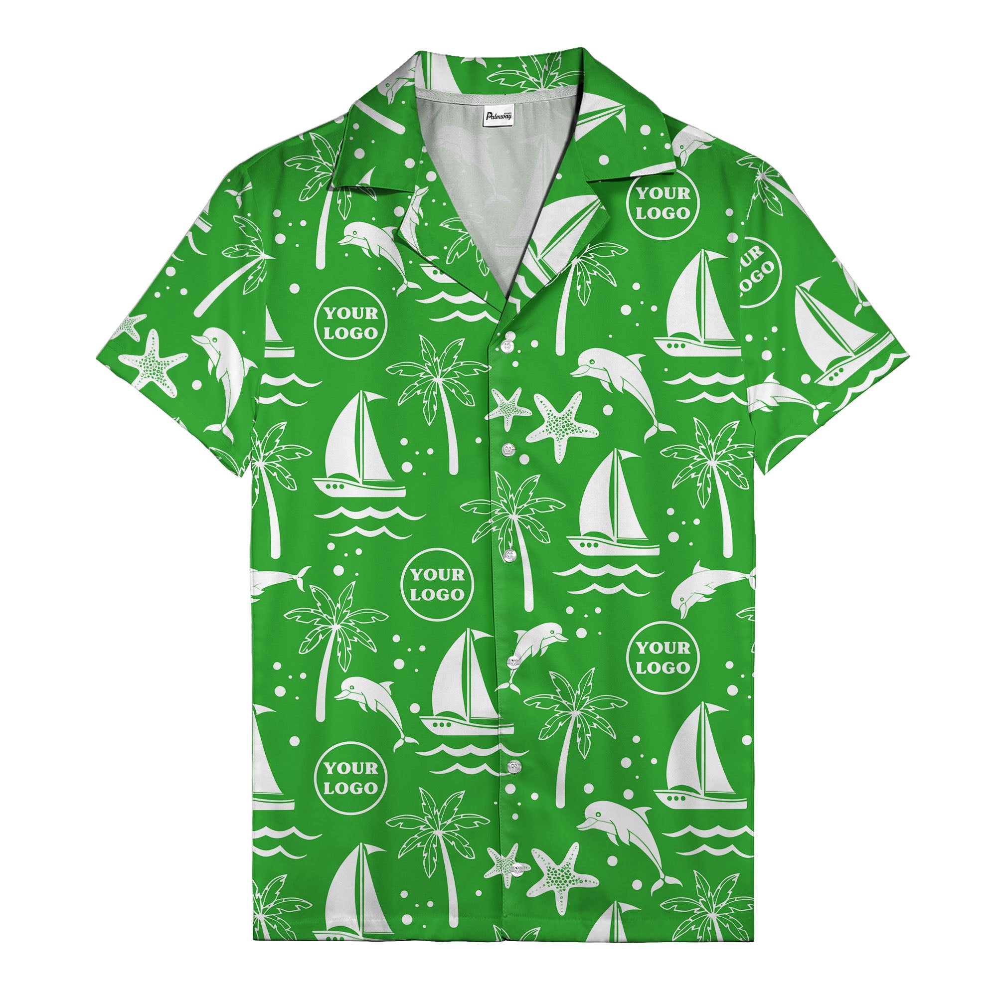 sailboats dolphins palm trees starfish repeat pattern black white hawaiian shirt