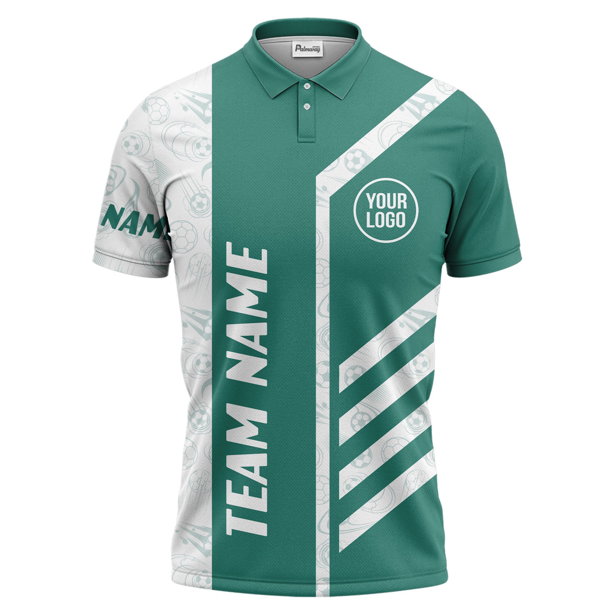 soccer balls diagonal stripes custom logo sporty polo shirt