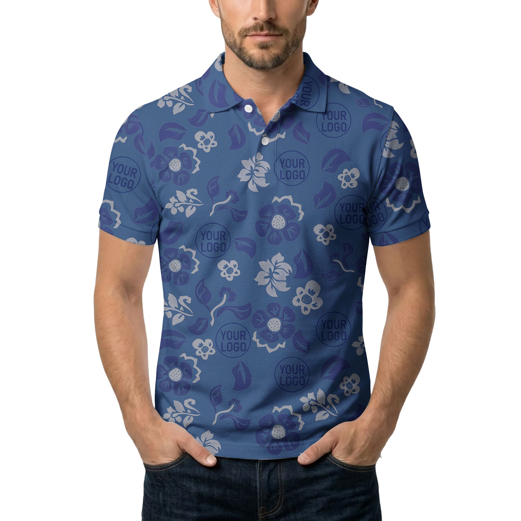 tropical blue floral logo repeating leaves polo shirt for men