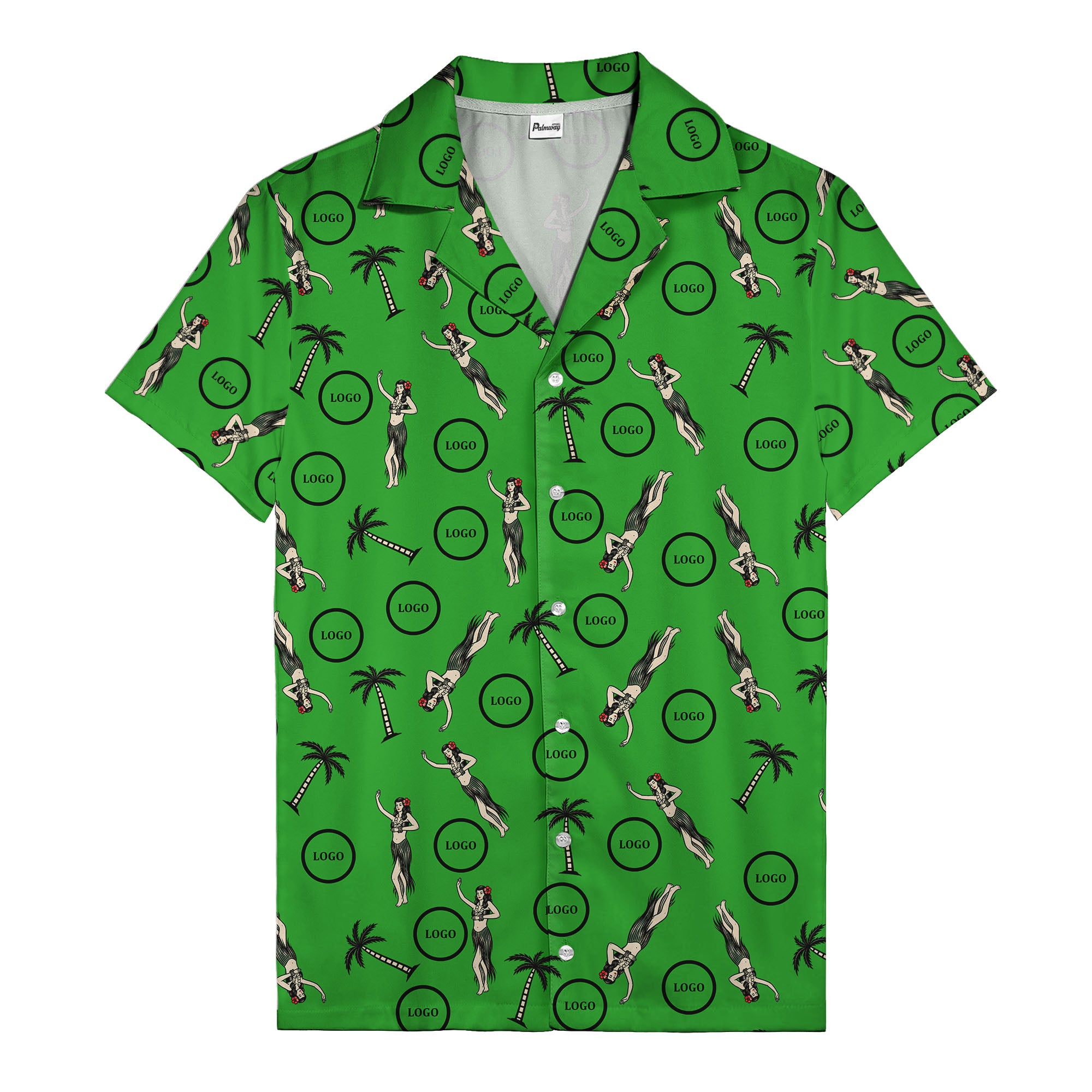 vintage hula dancers palm trees circular logo black hawaiian shirt for men