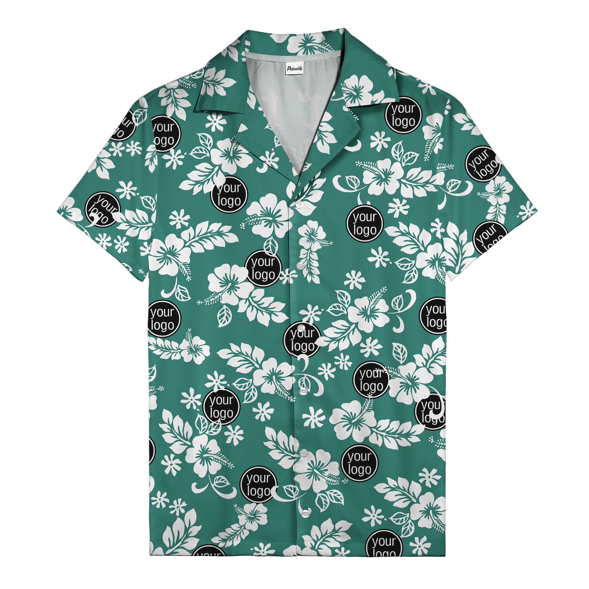 watercolor hibiscus blooms & custom logo navy blue hawaiian shirt