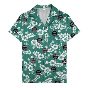 watercolor hibiscus blooms & custom logo navy blue hawaiian shirt