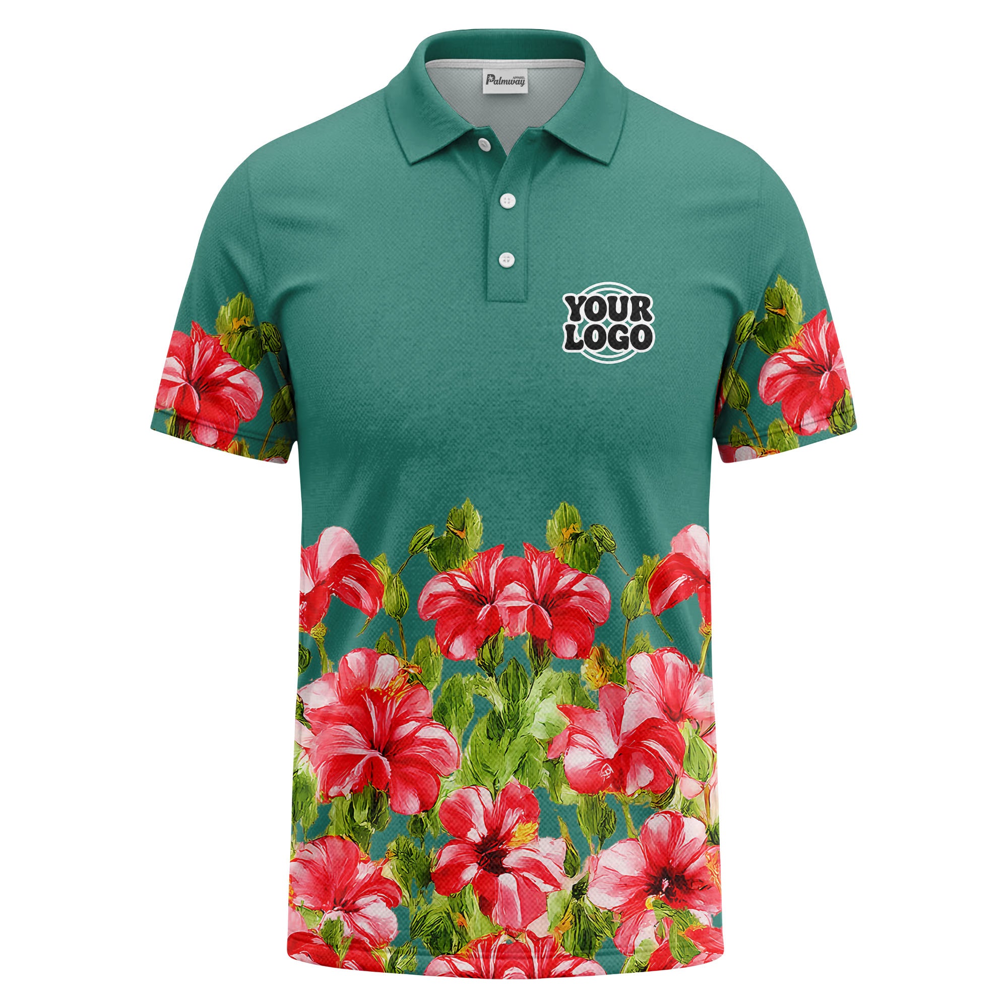 watercolor hibiscus & emerald leaf tropical polo shirt for men