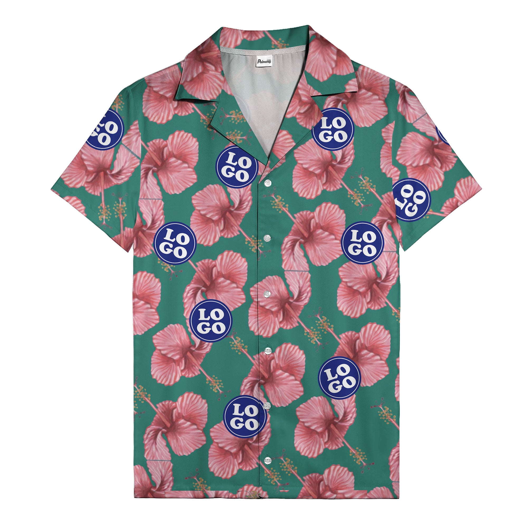 watercolor pink hibiscus & blue logo repeat aloha hawaiian shirt