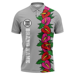 anthurium & emerald leaf stripe coral red polo shirt for men