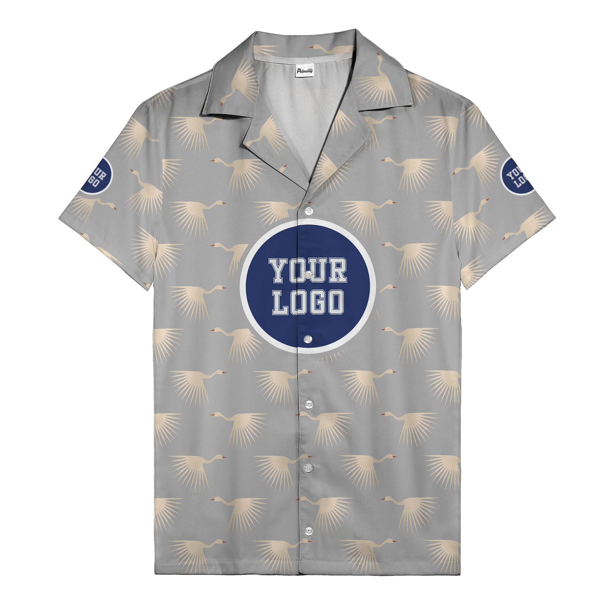art deco crane silhouette logo beige navy hawaiian shirt