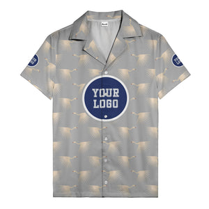 art deco crane silhouette logo beige navy hawaiian shirt