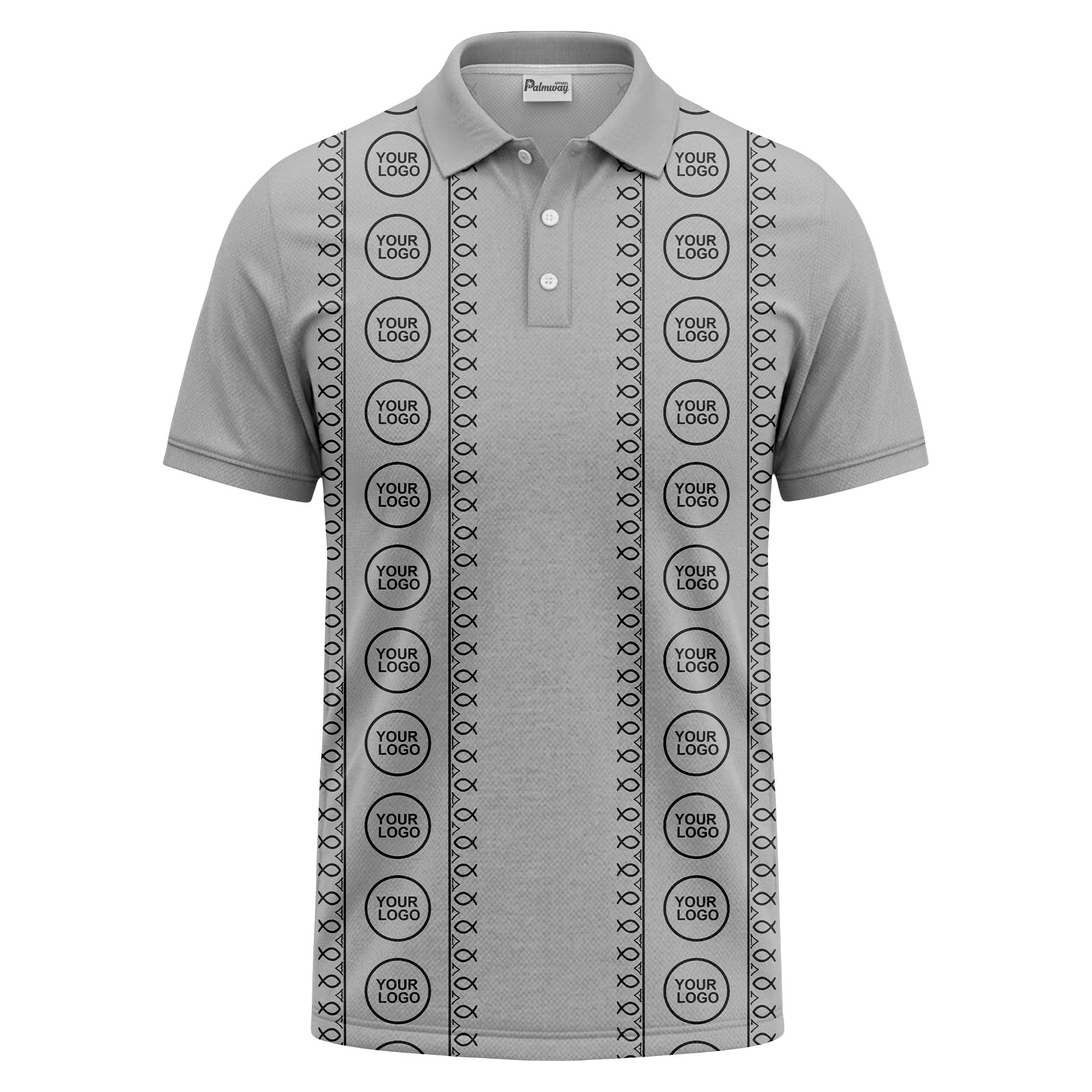 black white fish symbol repeat pattern golf polo shirt