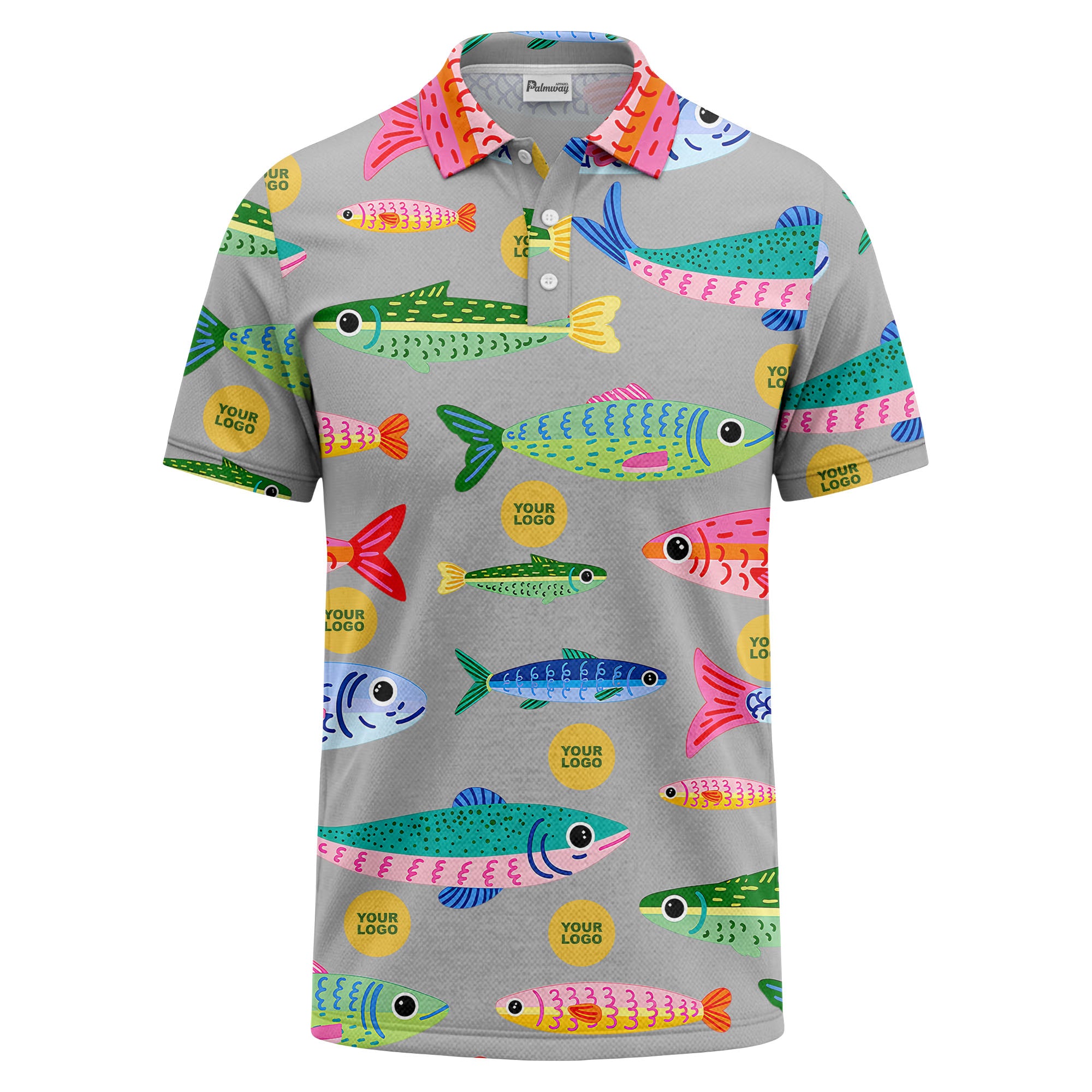 colorful cartoon fish & custom logo repeat all-over print polo shirt