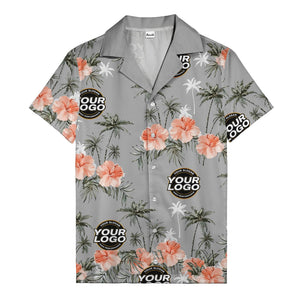 coral pink hibiscus & palm trees on black hawaiian shirt for men