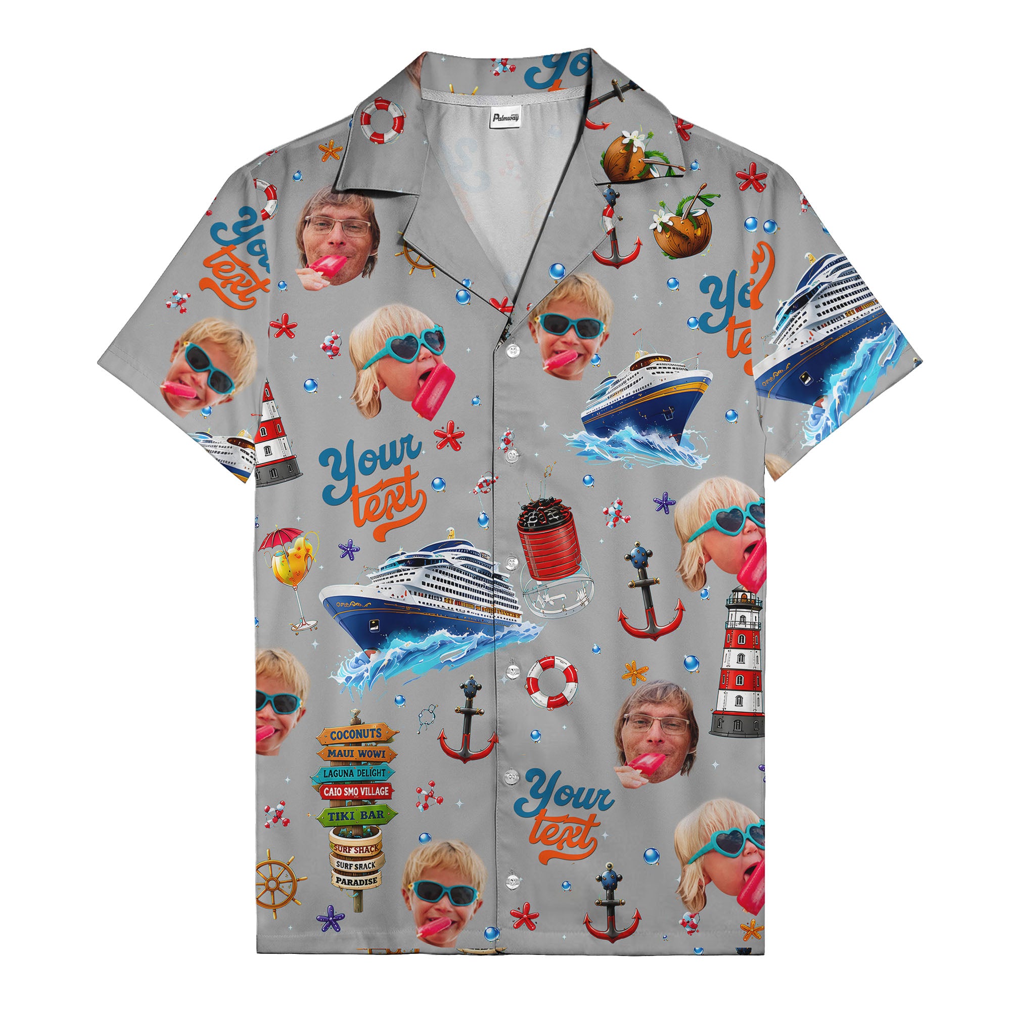 cruise ship faces & cocktail signs cartoon hawaiian shirt