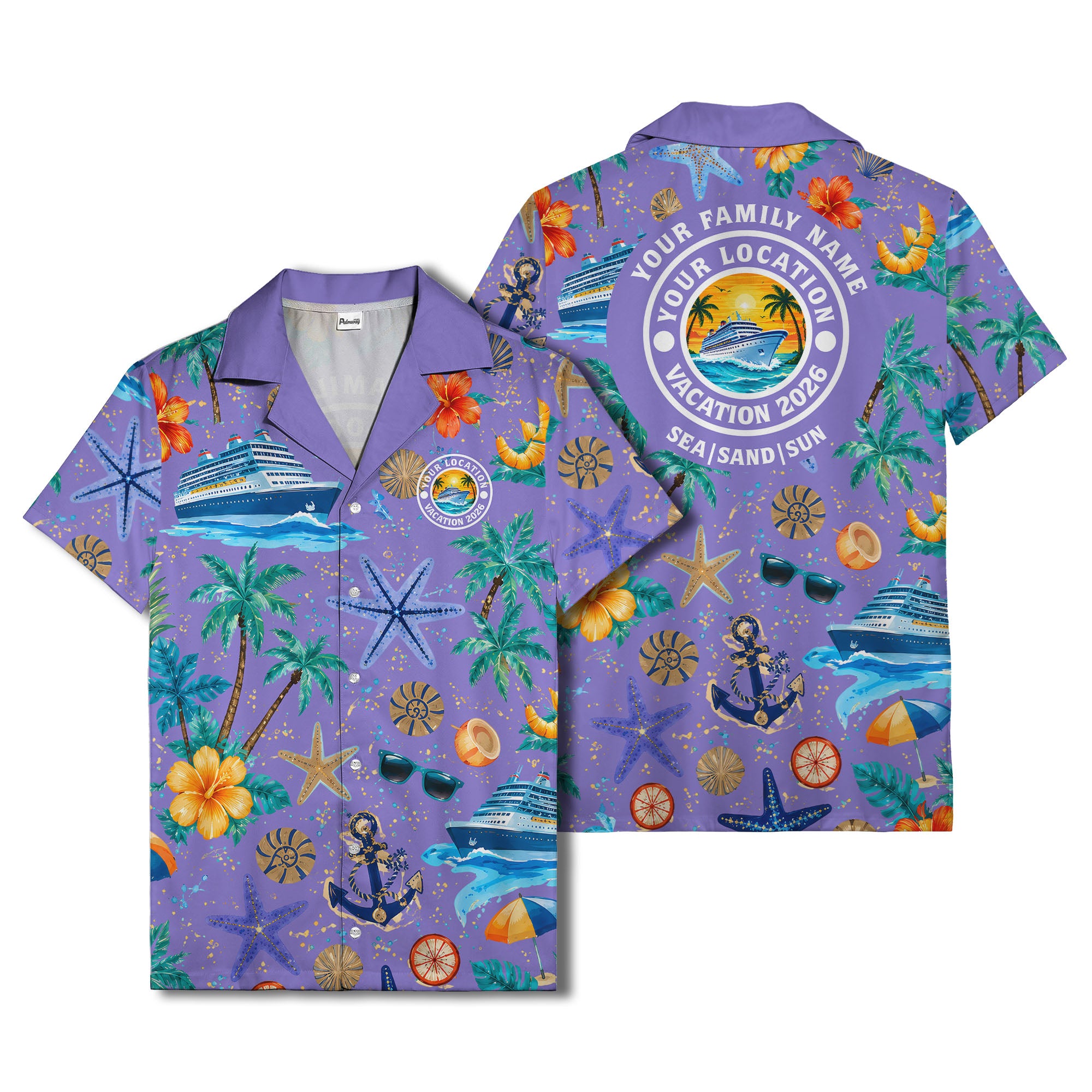 cruise ship palm trees starfish watercolor hawaiian shirt