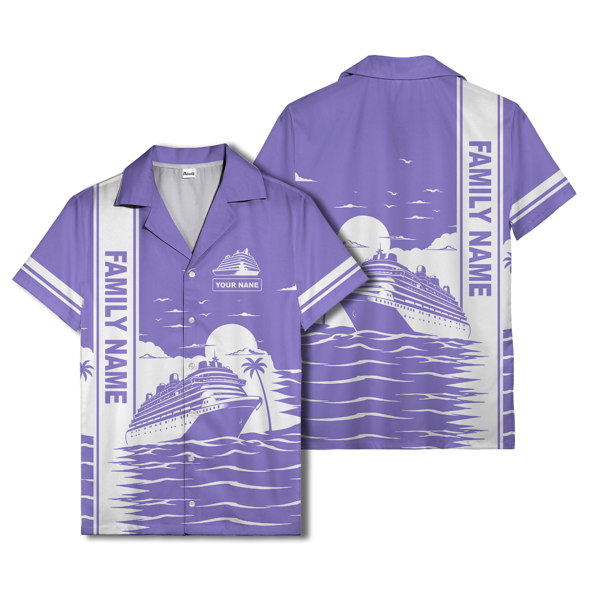 cruise ship silhouette sunset palm trees hawaiian shirt