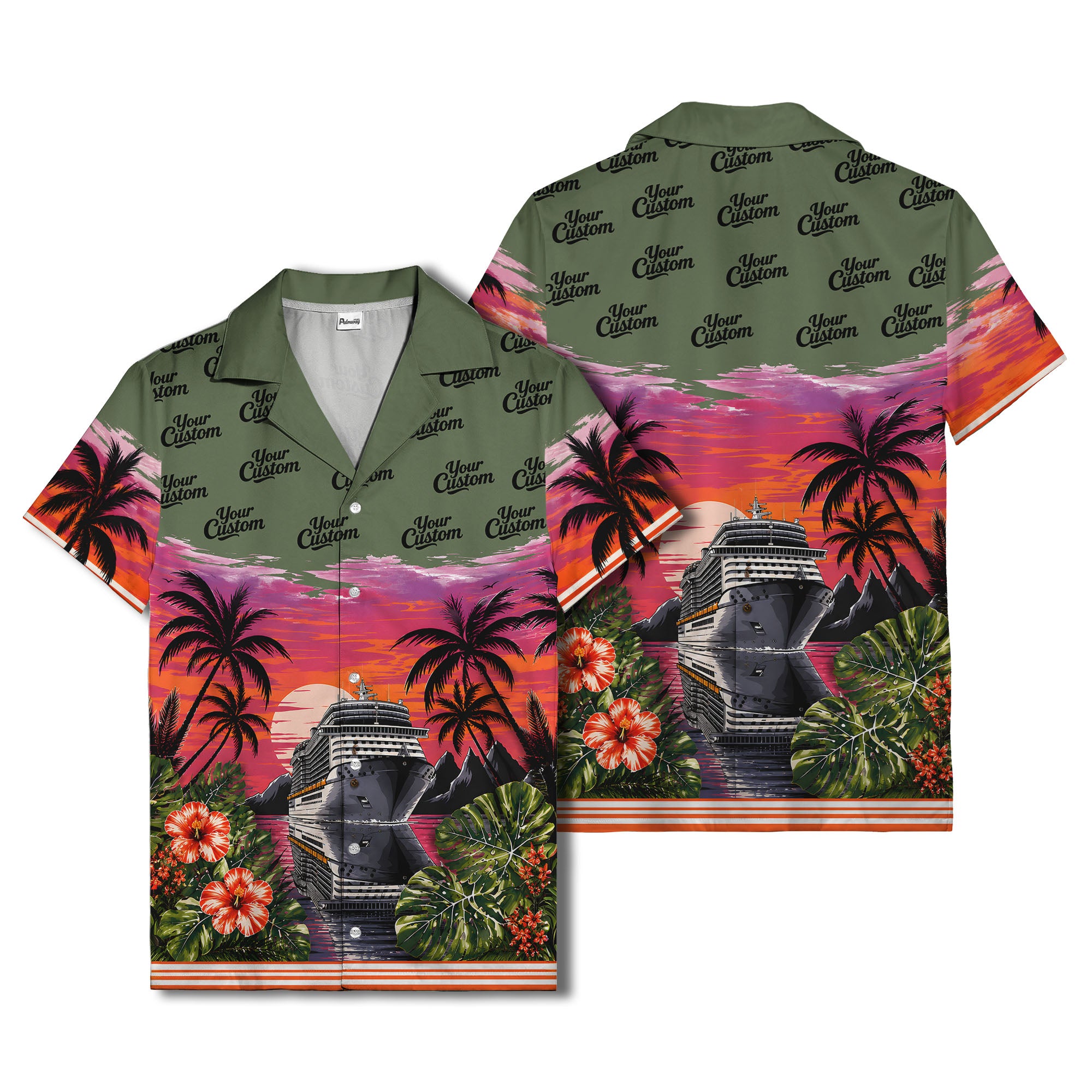 cruise ship sunset palm trees hibiscus flowers hawaiian shirt for men
