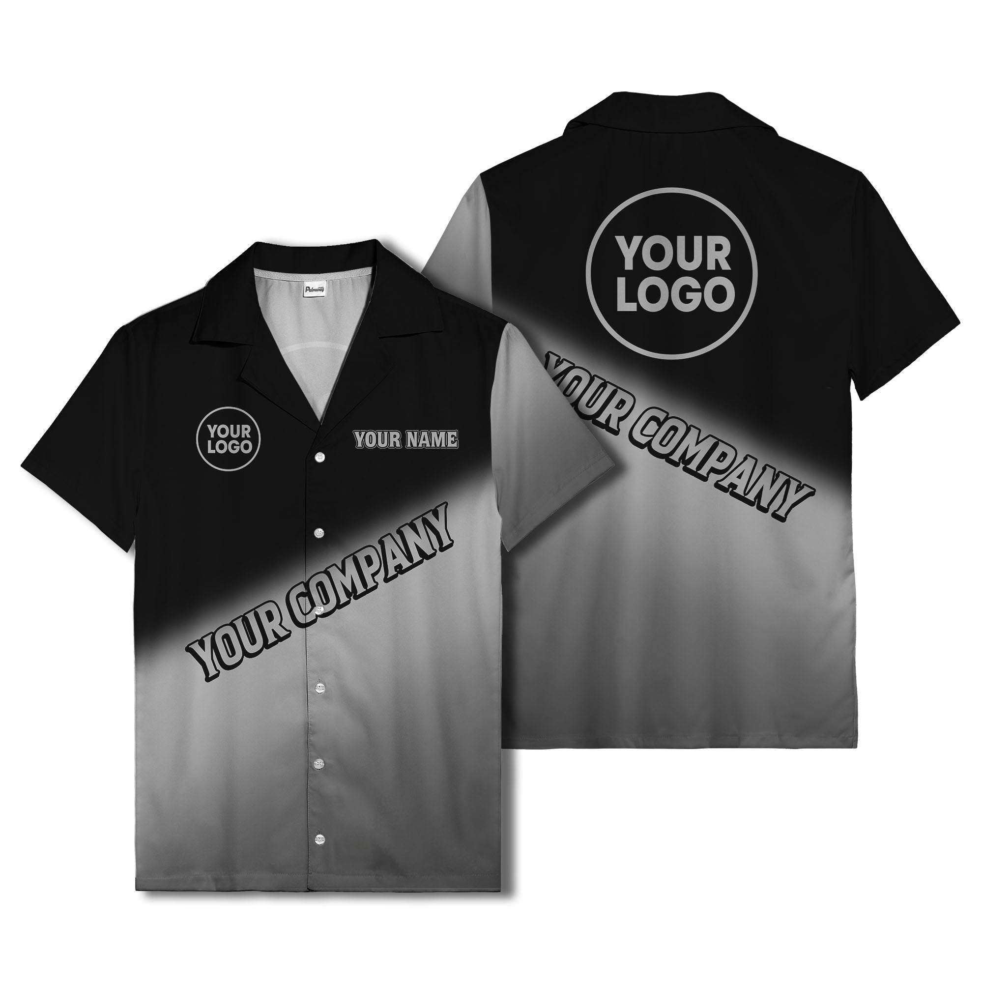 custom logo gradient black white corporate hawaiian shirt