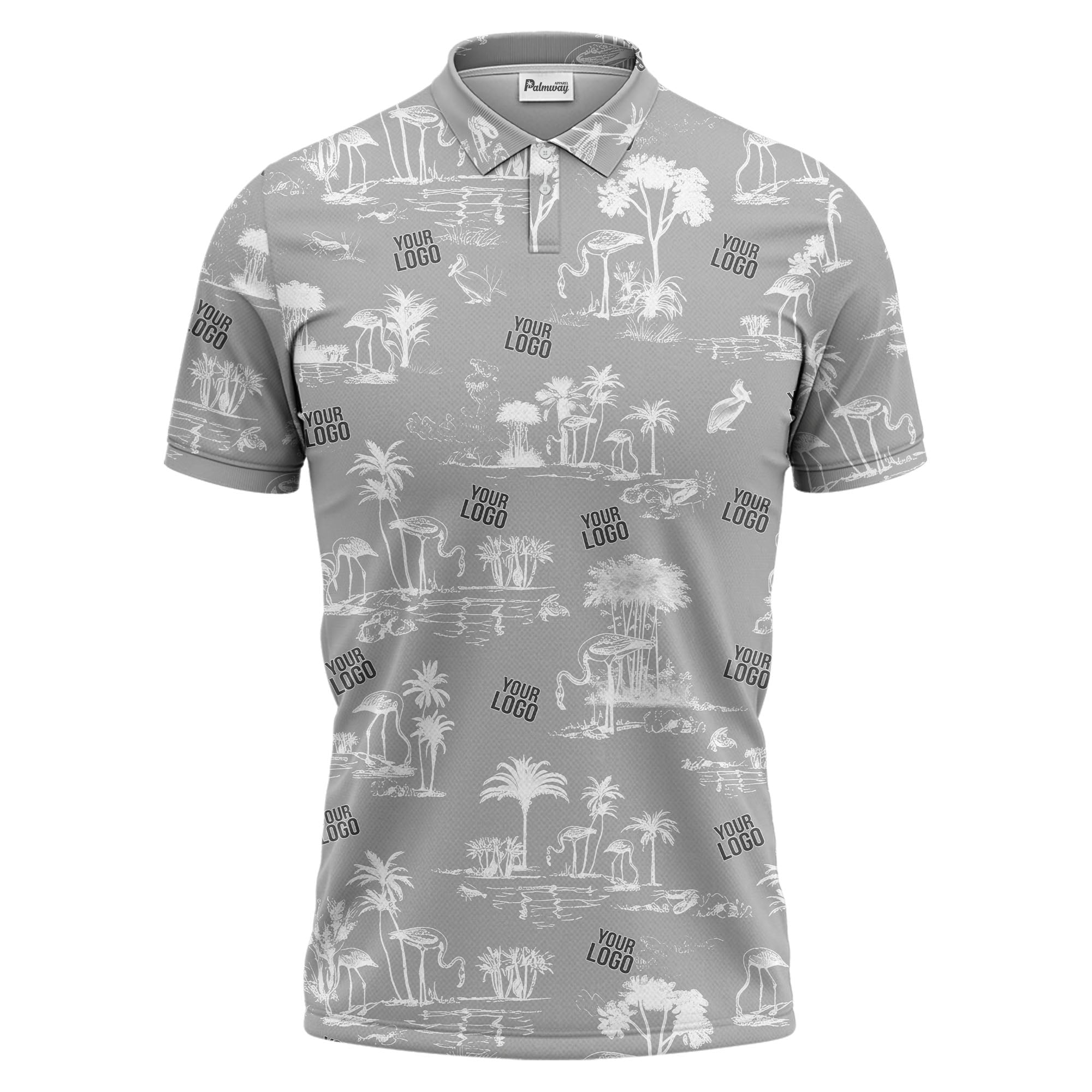 flamingo oasis palm trees sketch pattern black white polo shirt for men