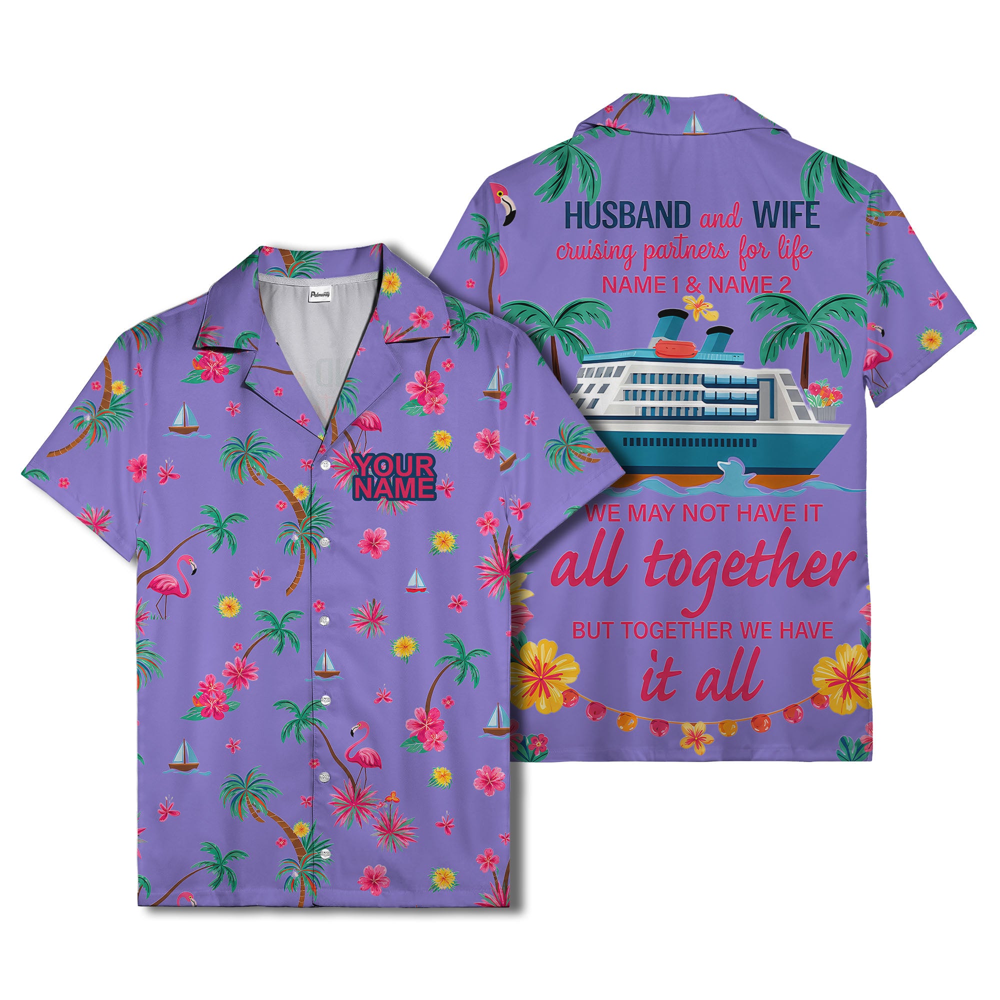 flamingo sailboat hibiscus palm watercolor hawaiian shirt
