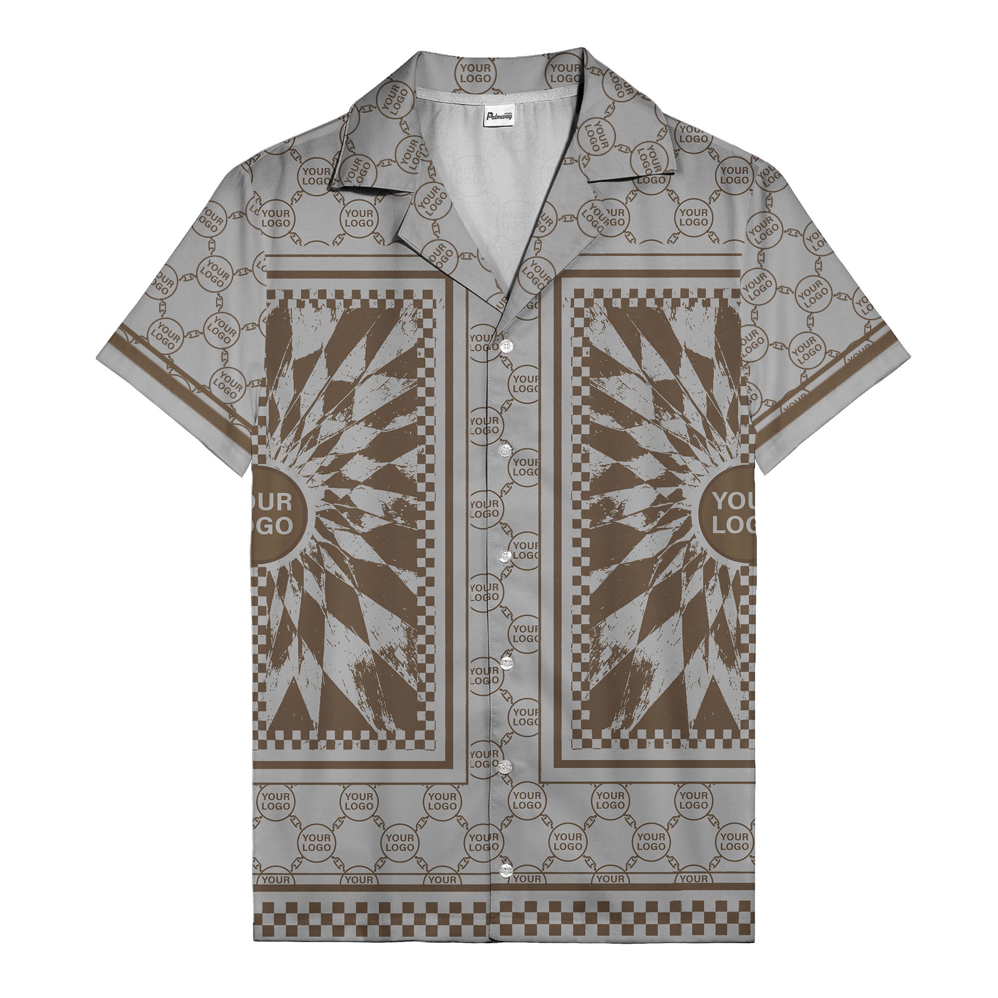 geometric palm leaves checkerboard border hawaiian shirt for men