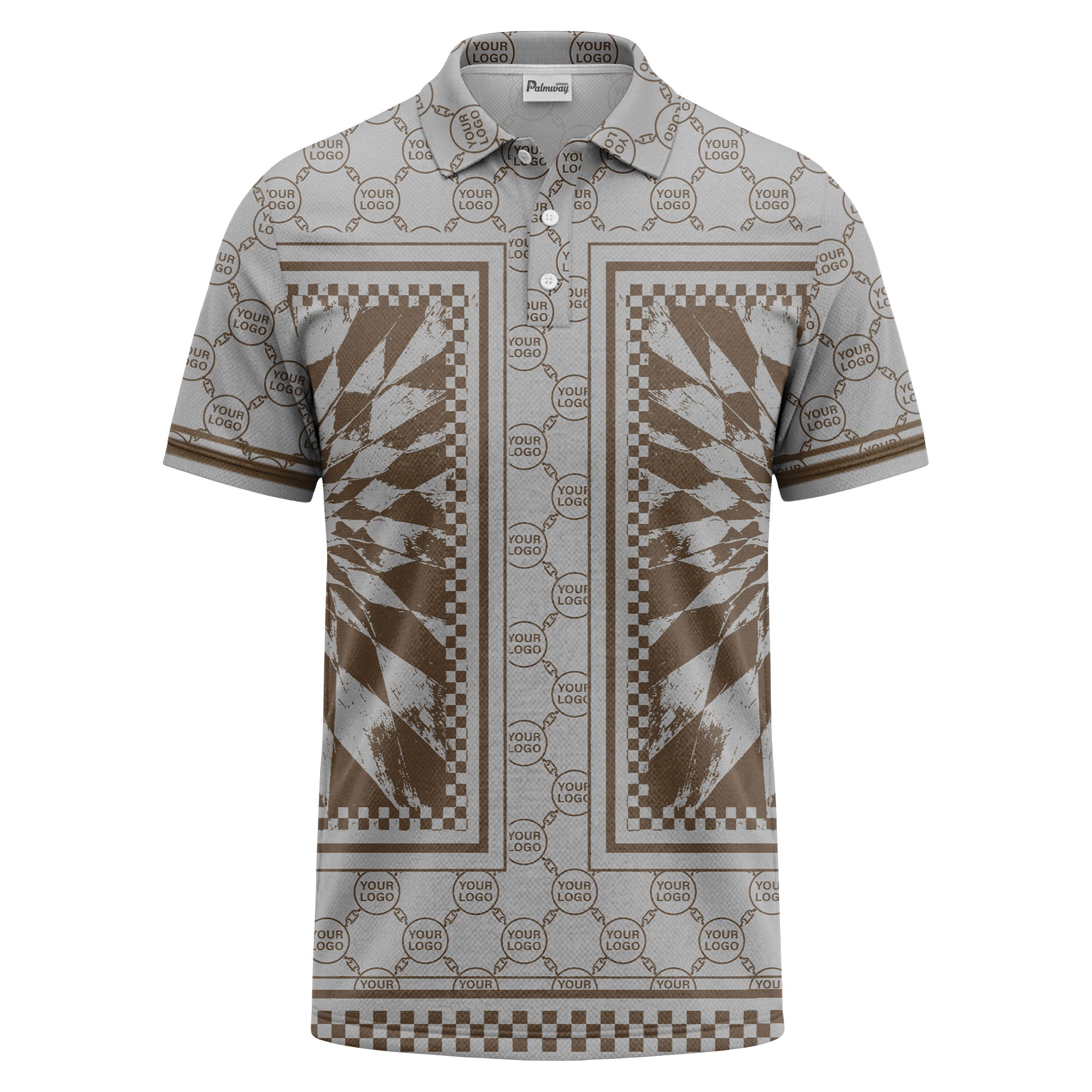 geometric palm leaves checkerboard border polo shirt