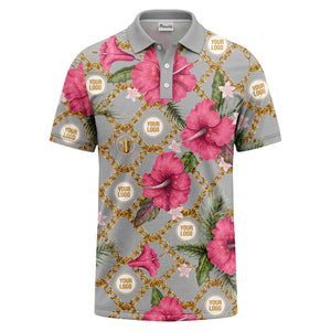 gold chain & pink hibiscus luxury illustrated polo shirt for men