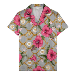 gold chain & pink hibiscus watercolor hawaiian shirt for men