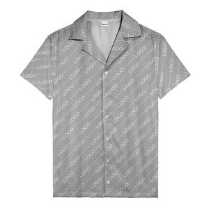 gold diagonal logo repeat pattern on black hawaiian shirt for men