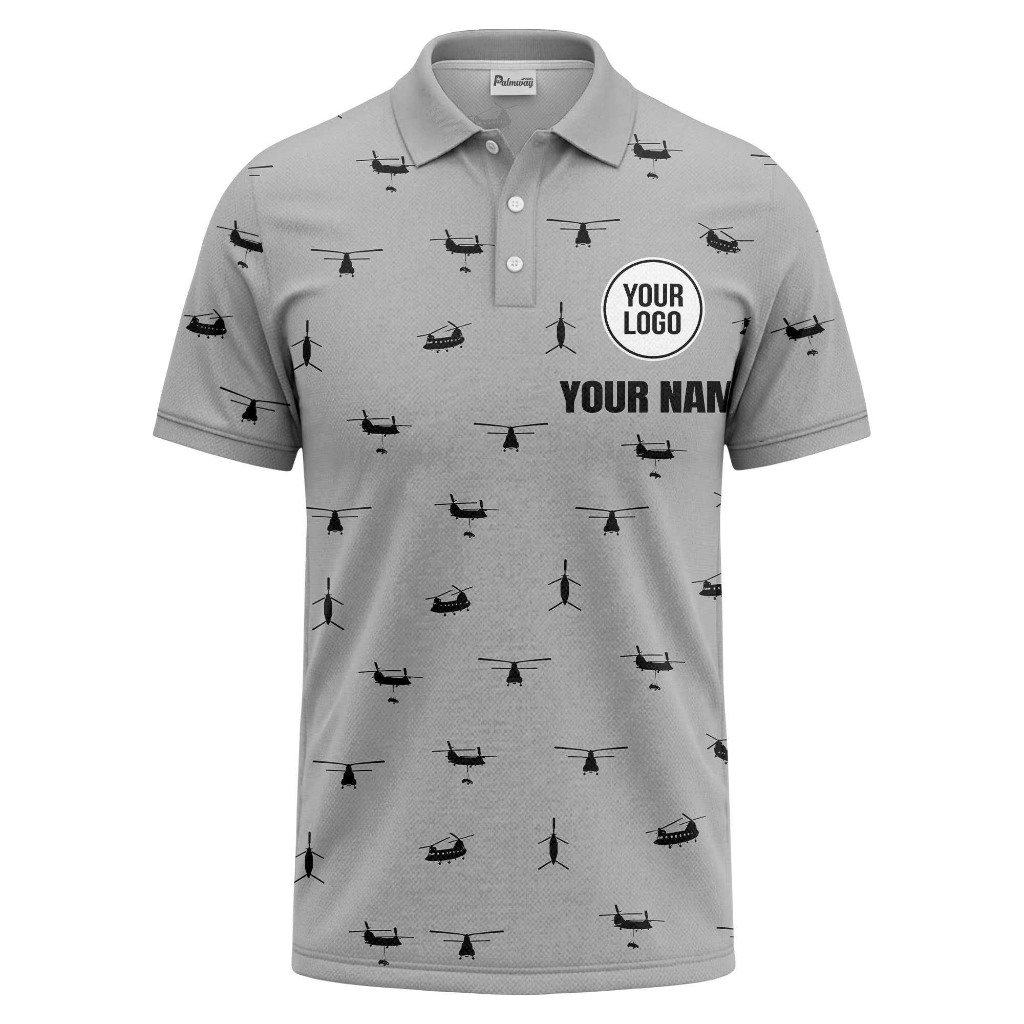 helicopter silhouette repeat pattern custom logo men's aviation polo shirt