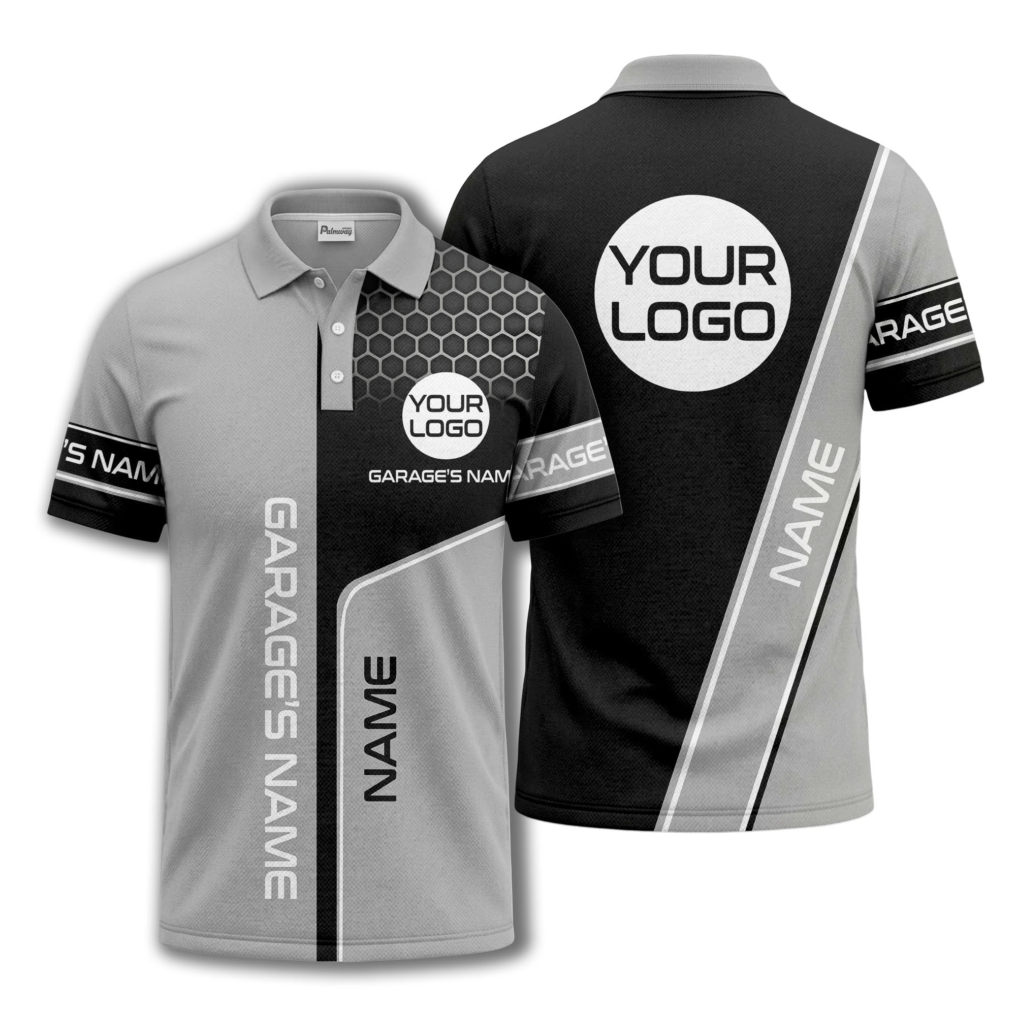 hexagonal grid garage name logo modern automotive polo shirt