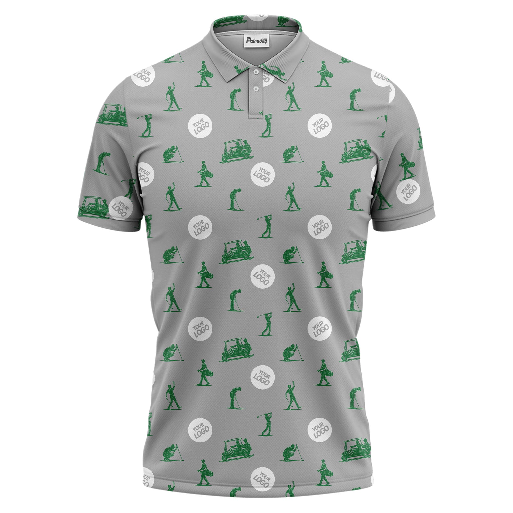 illustrated golfers golf carts repeating on green polo shirt for weekend fairway fun