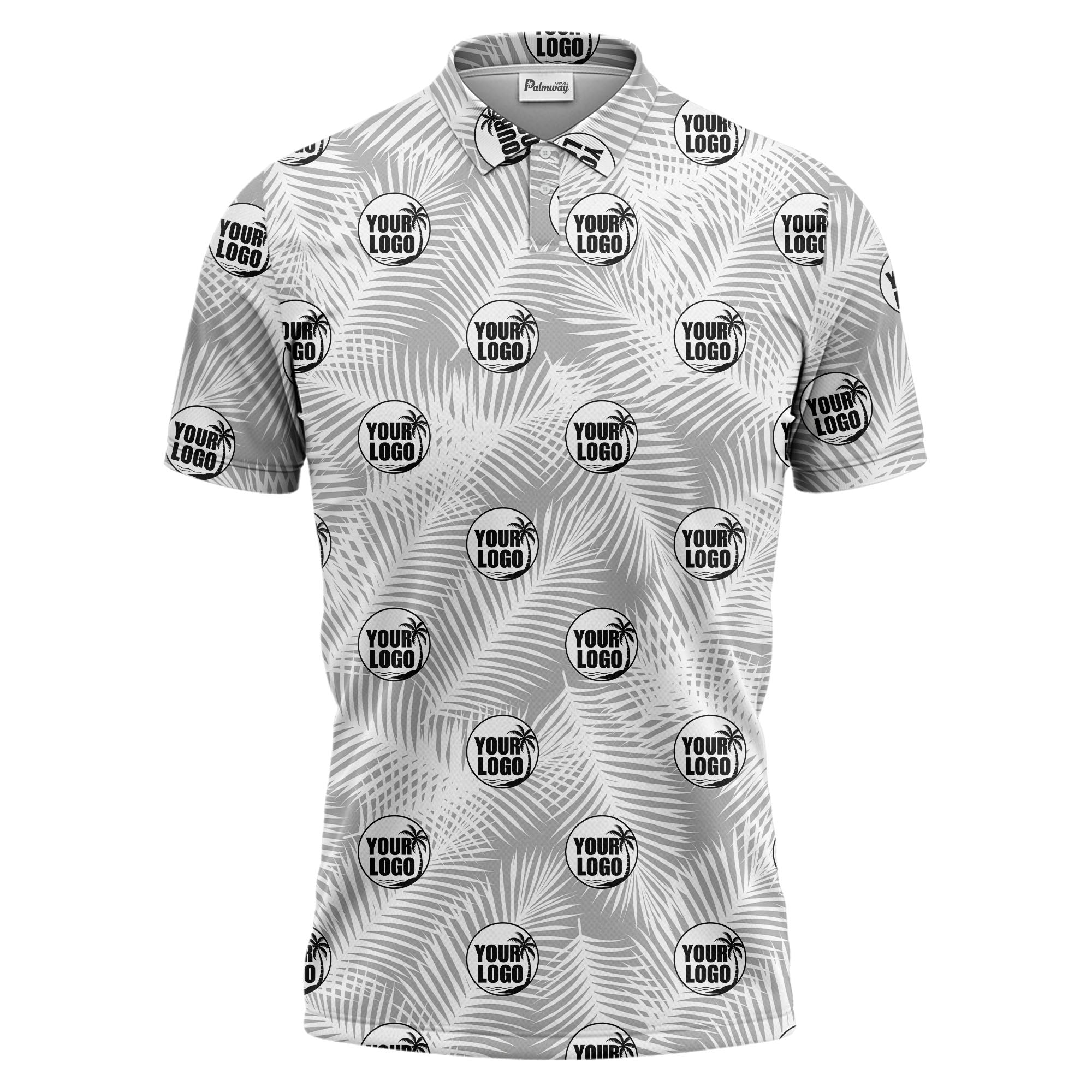illustrated palm leaf logo repeating tropical polo shirt for men
