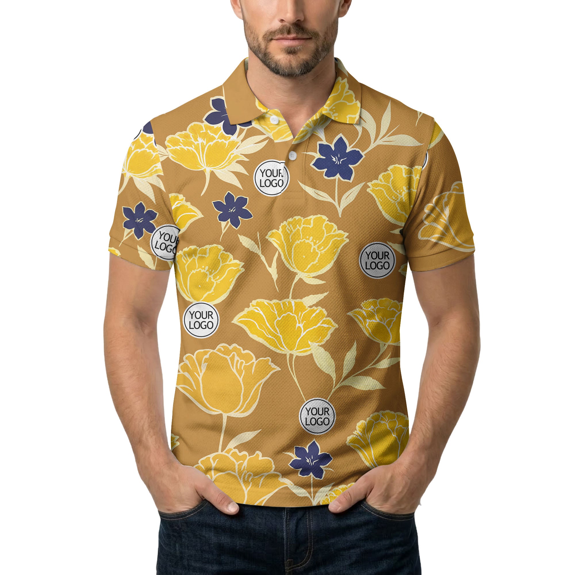 illustrated tropical floral vacation polo shirt splashed with hibiscus leaves
