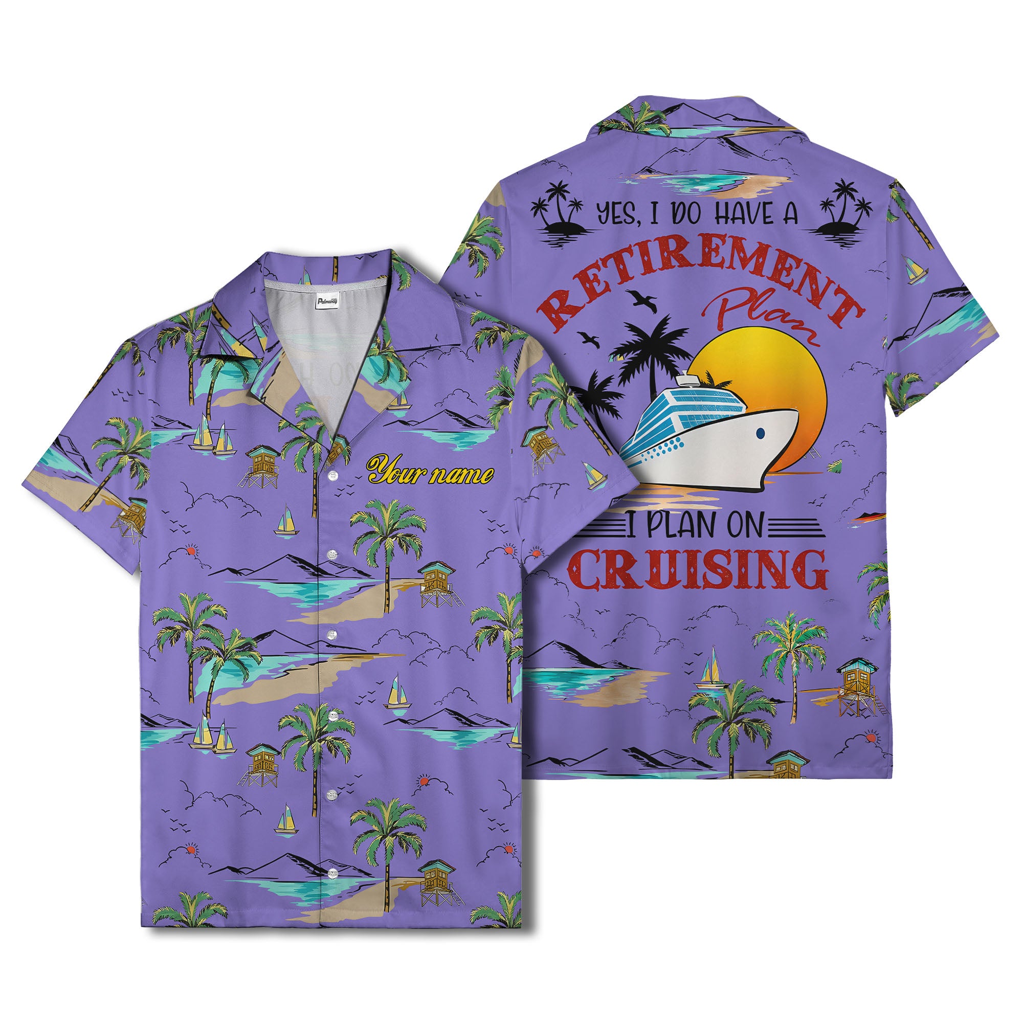 island paradise palm trees & sailboats sunset hawaiian shirt