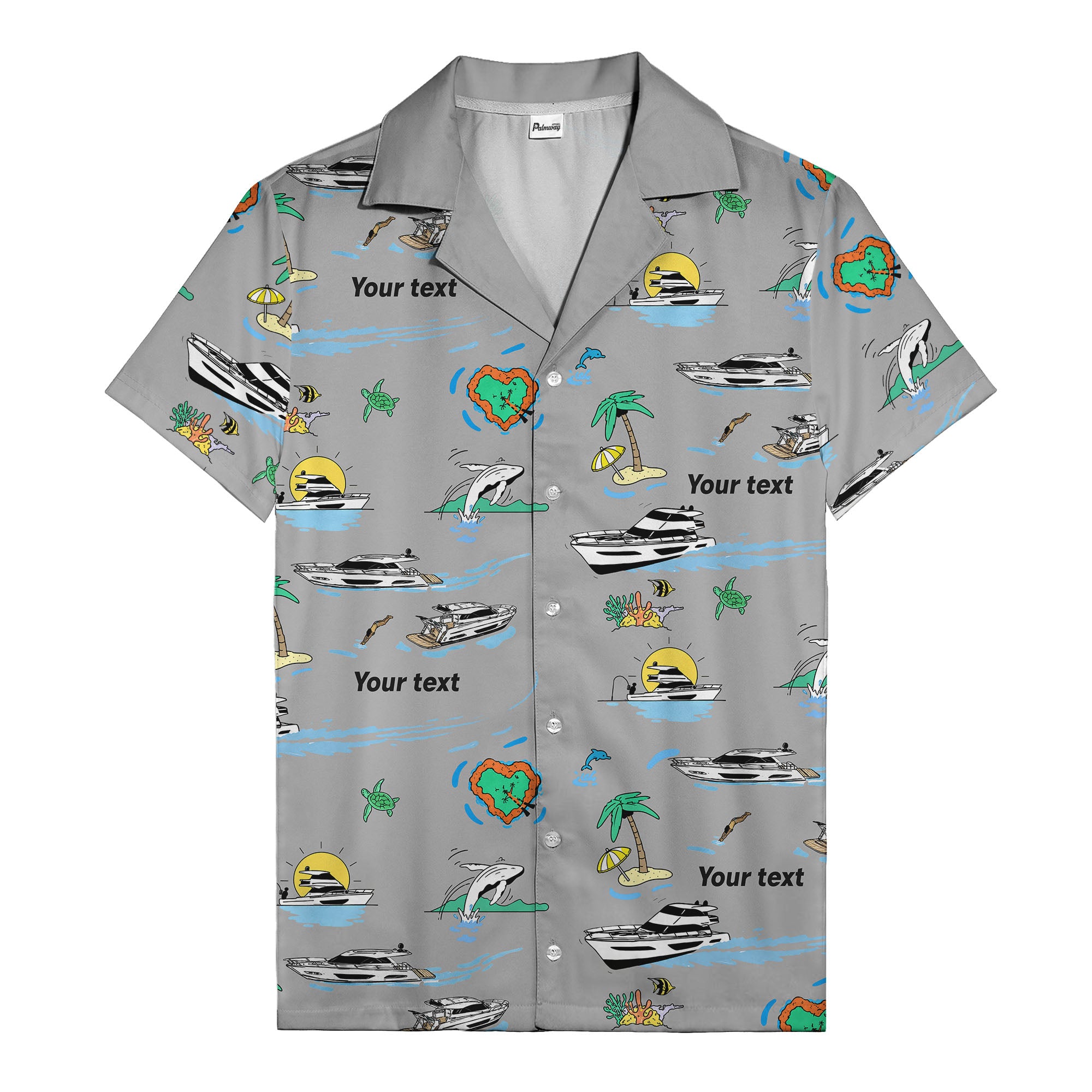 luxury yacht & heart-shaped island cartoon hawaiian shirt