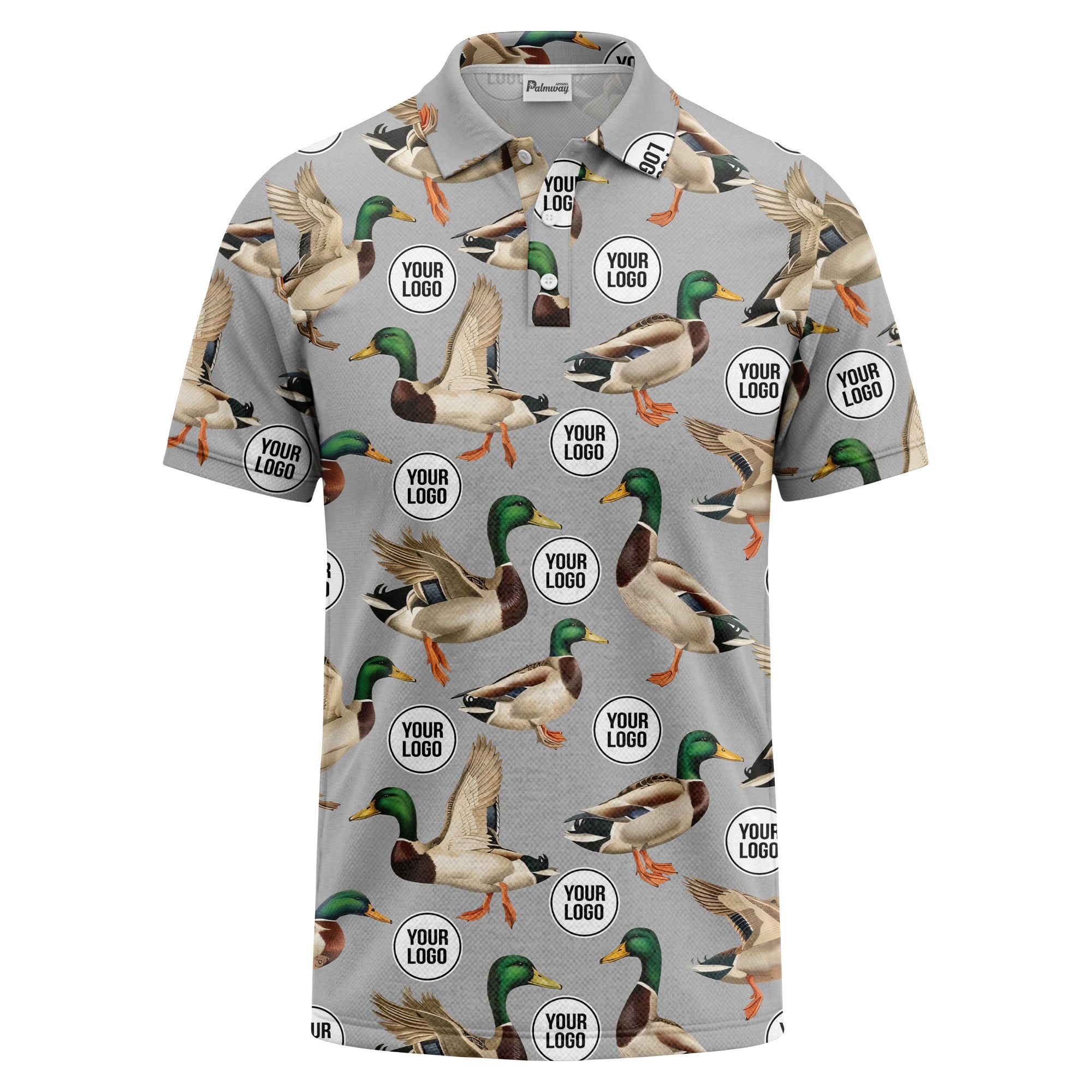 mallard duck flock & custom logo repeat photorealistic polo shirt