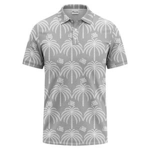 monochrome palm tree logo repeat hawaiian graphic polo shirt