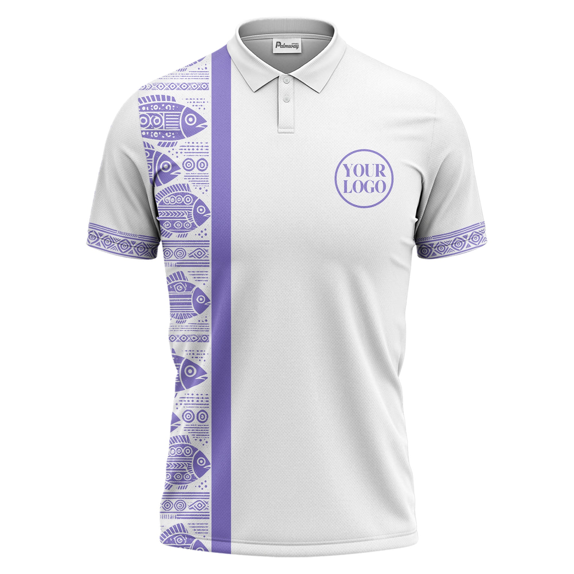 monochrome tribal fish & geometric borders patterned polo shirt for men