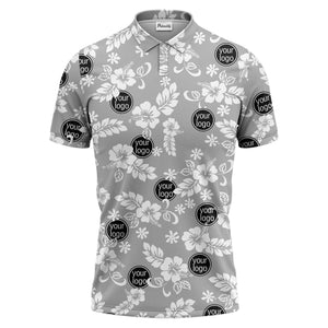 navy blue watercolor hibiscus & custom logo repeat pattern polo shirt
