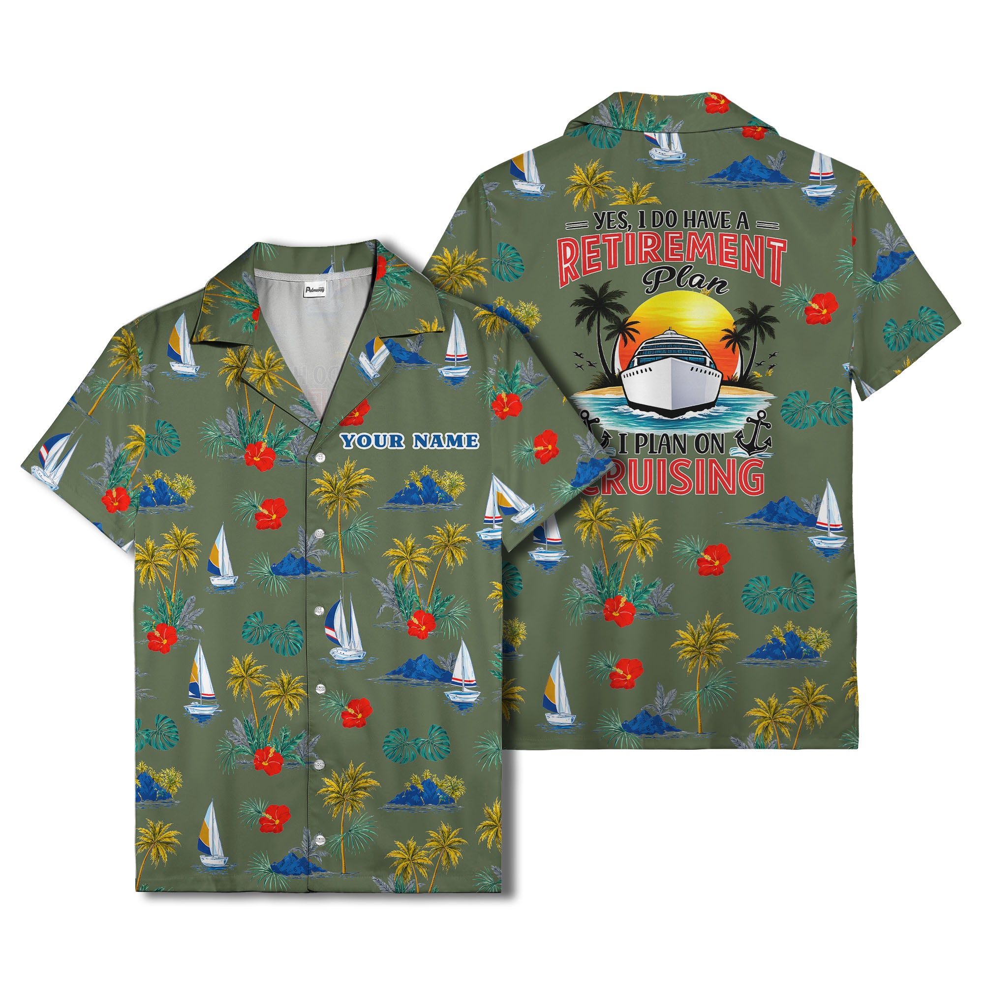 palm trees sailboats hibiscus island paradise hawaiian shirt